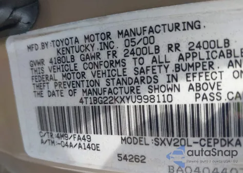 2000 Toyota Camry Ce z USA, uszkodzony, nr VIN 4T1BG22KXYU998110